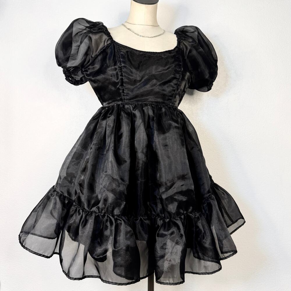 Thorn & Fable Black Organza Puff Sleeve Babydoll Dress Goth Romantic Coquette